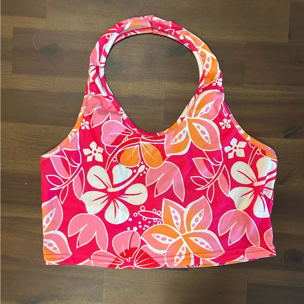 pink and orange halter top hawaiian print crop